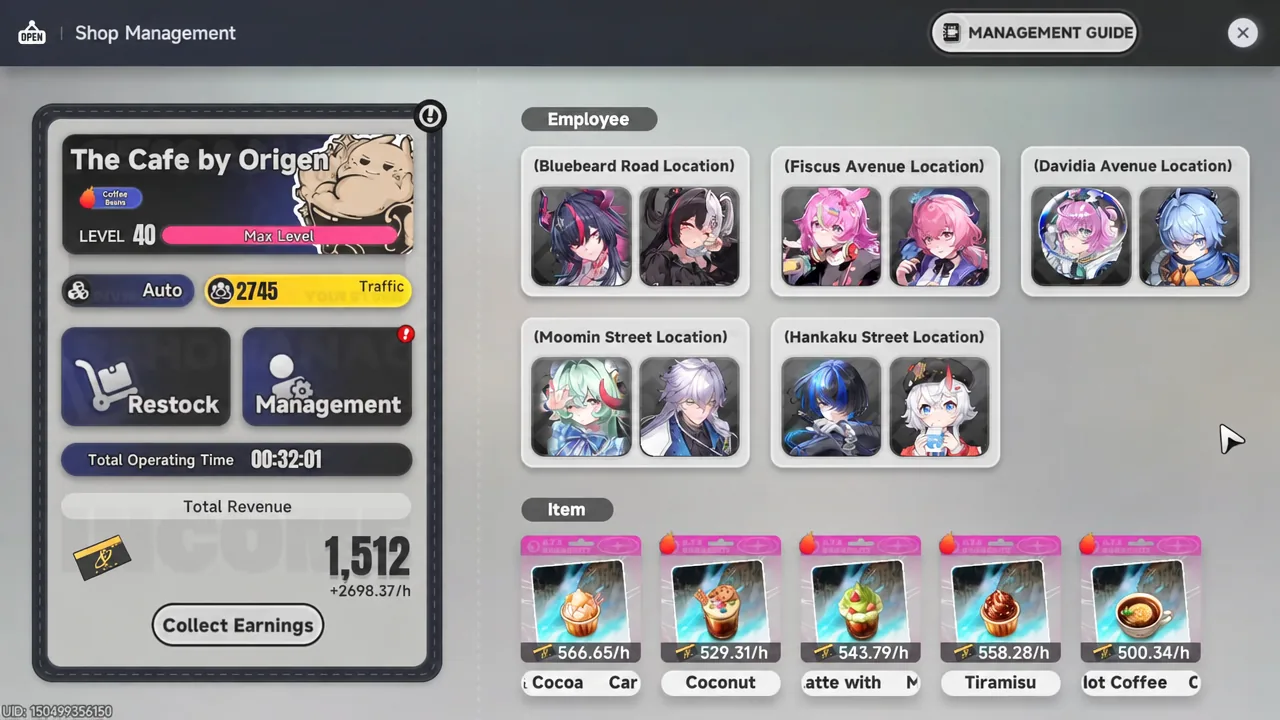 Shop Management screen with the Management button selected, showing employee slots and café menu items