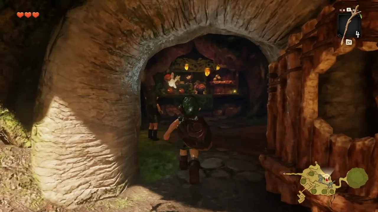 Link walking through an arched shop doorway with the minimap and item count visible
