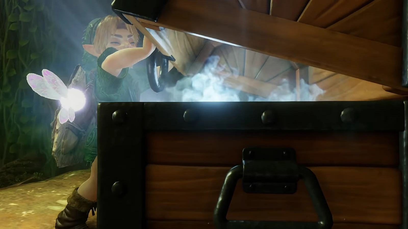 Child Link opening a treasure chest, showing his rebuilt model and Kokiri Tunic