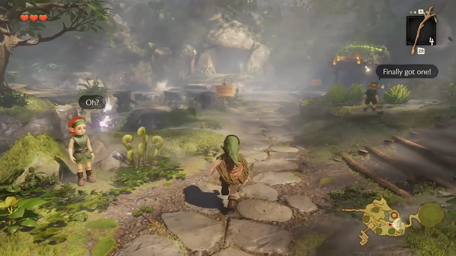 Link walking through dense forest foliage toward two Kokiri children with speech bubbles above them