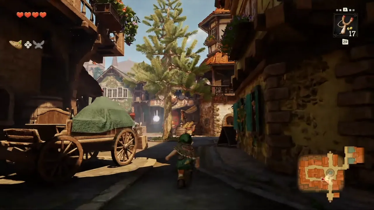 Link running through a village with the Fairy Slingshot equipped and a ZR button prompt on screen