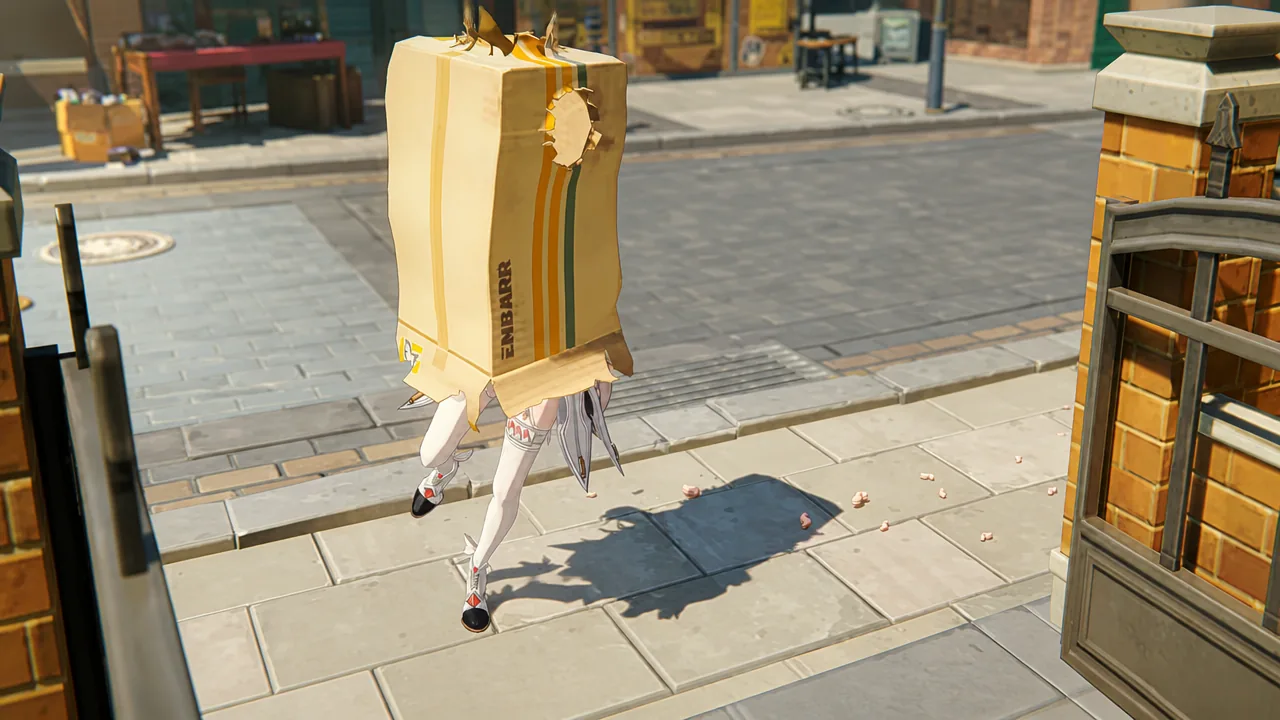 A character walks through the level with a large cardboard box pulled down over their head