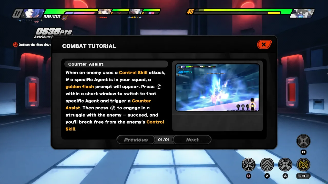 Combat Tutorial screen explaining the Counter Assist prompt during the boss fight