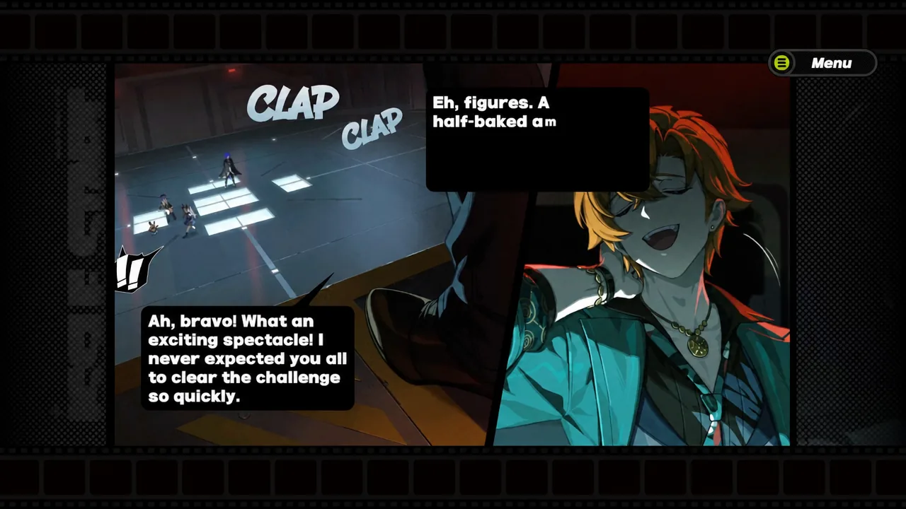 Visual novel dialogue screen during Serpico's parting exchange with the team