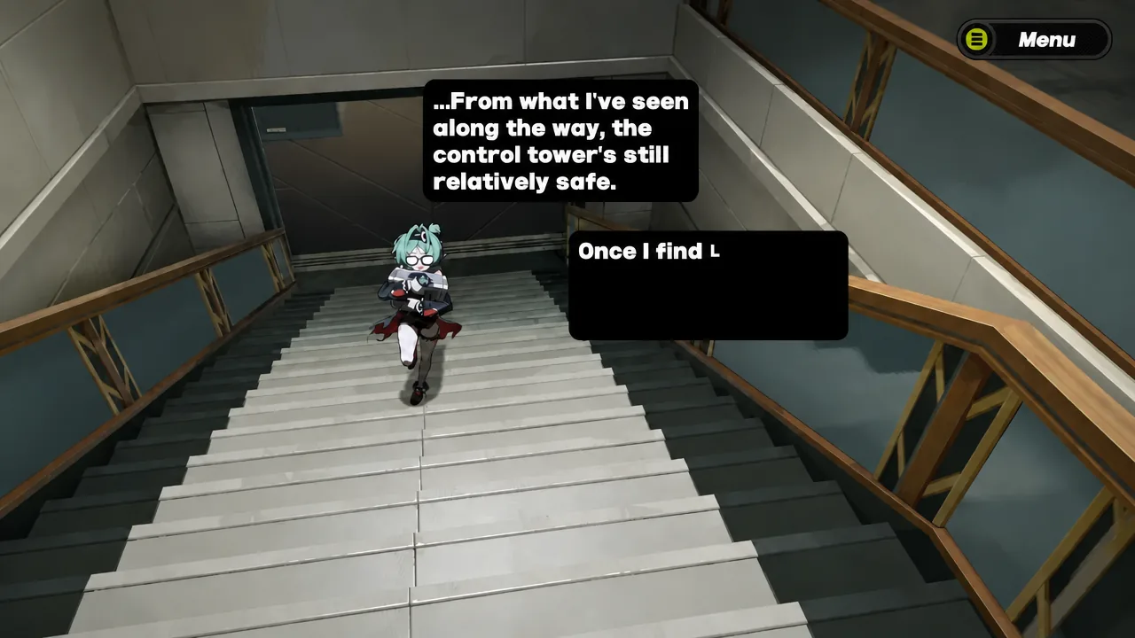 Story dialogue advances on the stairs with the in-game Menu button visible