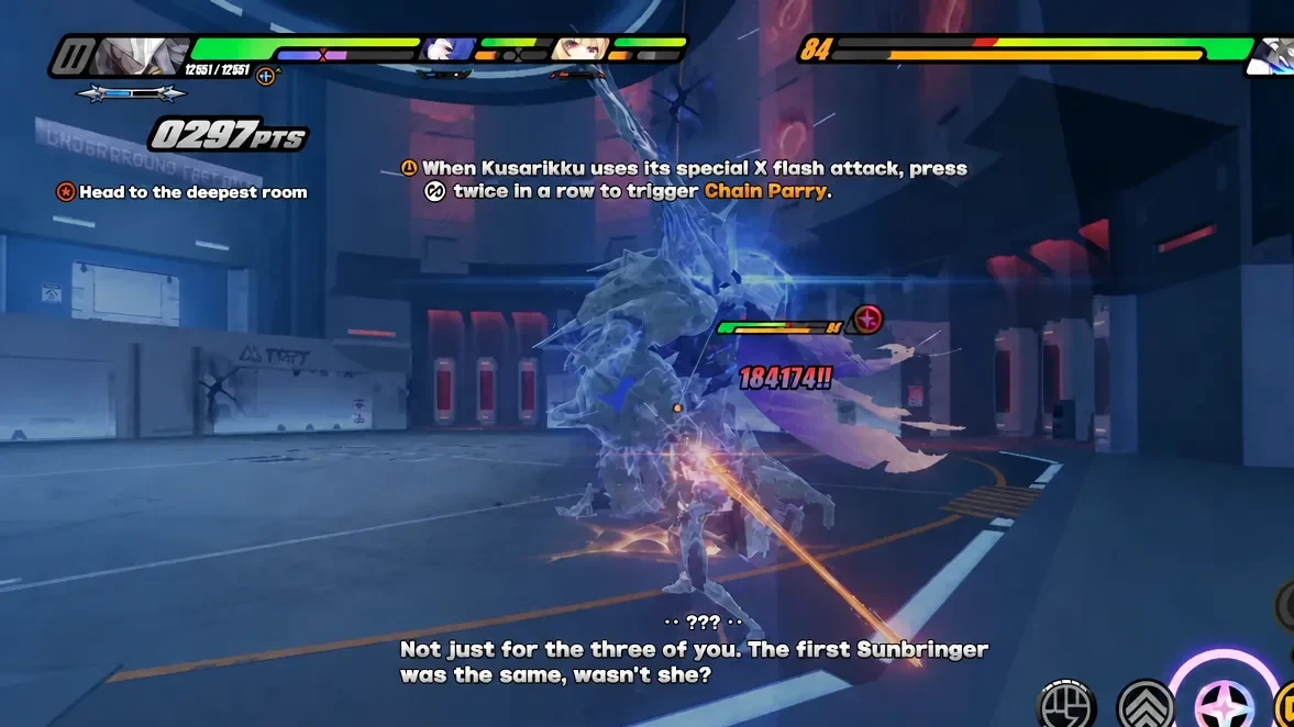 Chain Parry tutorial explaining the double parry input against Kusarikku's X flash attack