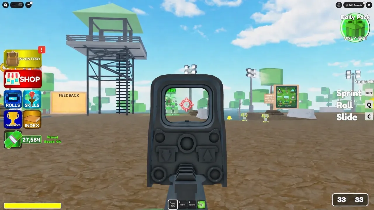 Player firing at approaching zombies with Assault Turrets set up to defend the base.