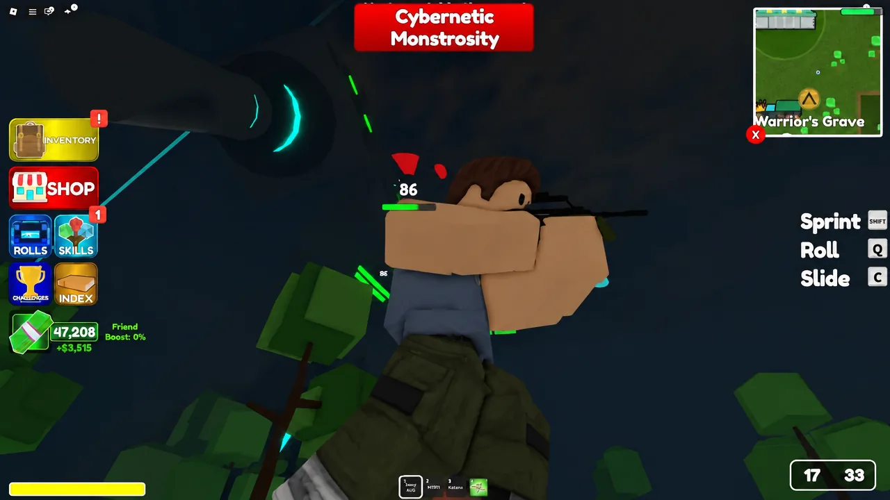 Aiming at the Cybernetic Monstrosity boss with the Warrior's Grave minimap on screen.