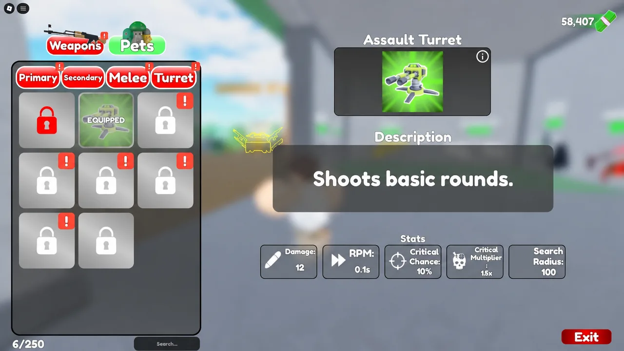 The Turret tab of the Weapons screen showing the equipped Assault Turret with its description and stats.
