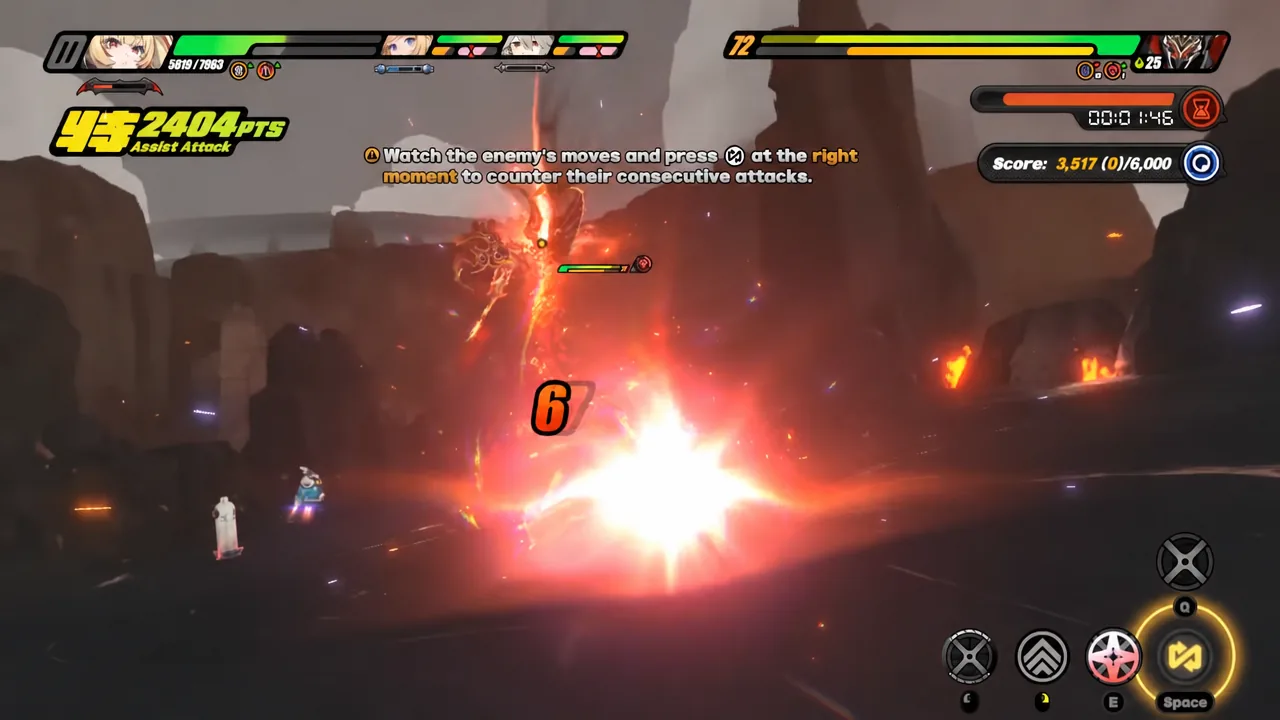 Highlighted Space prompt on screen for countering the boss's consecutive attacks