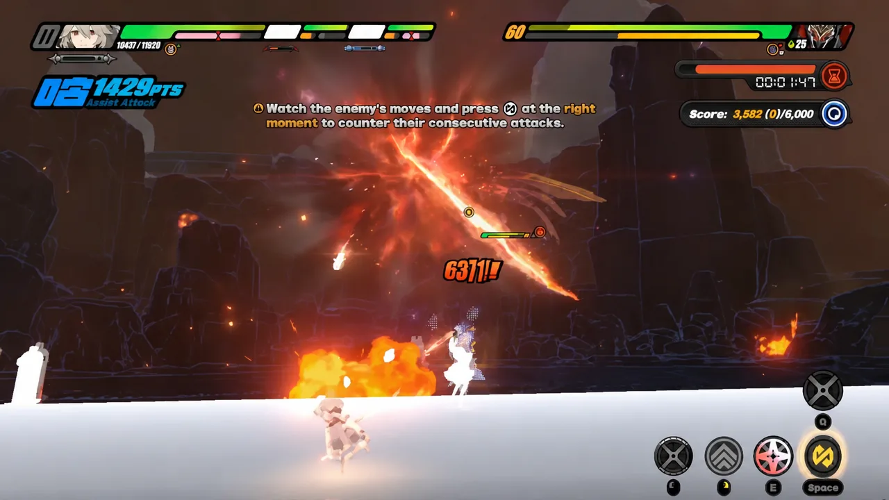 On-screen prompt highlighting the Space button to counter the boss's consecutive attacks