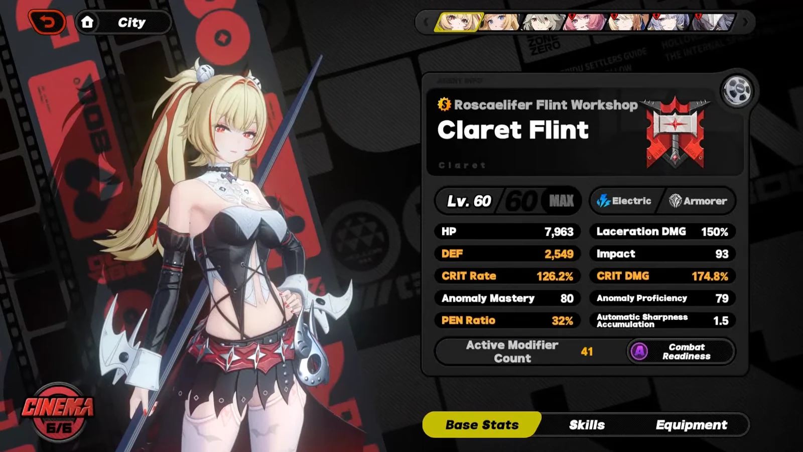 Claret Flint's Base Stats tab showing Level 60 attributes and combat statistics