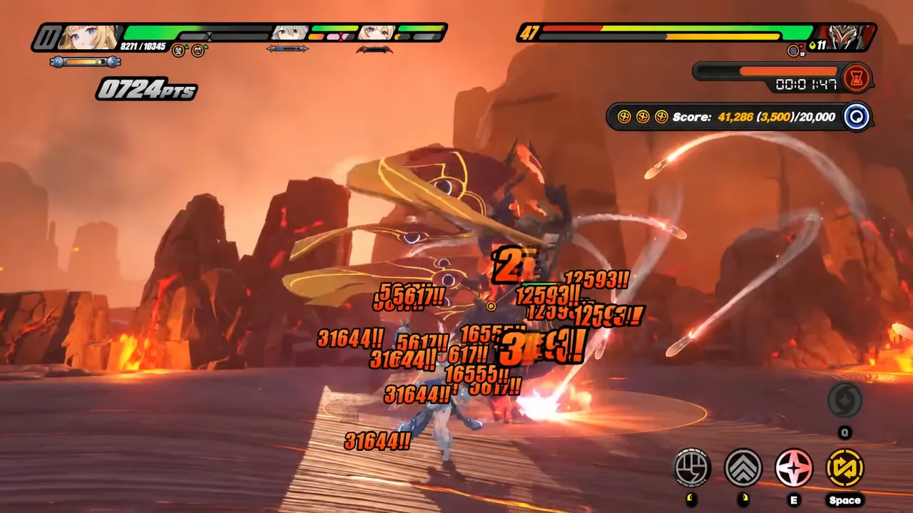 Claret attacking the Deadly Assault boss as combo damage numbers and the stage score climb