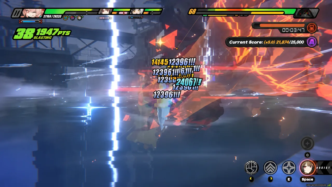 Combat HUD showing the Current Score meter at 21,874 out of 25,000 during a Shiyu Defense room