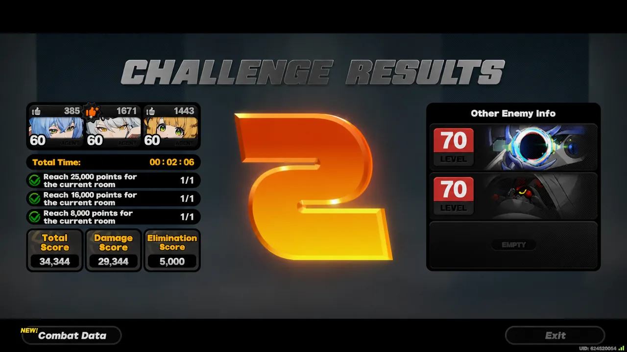 Challenge Results screen after an S-rank clear with the Combat Data button available