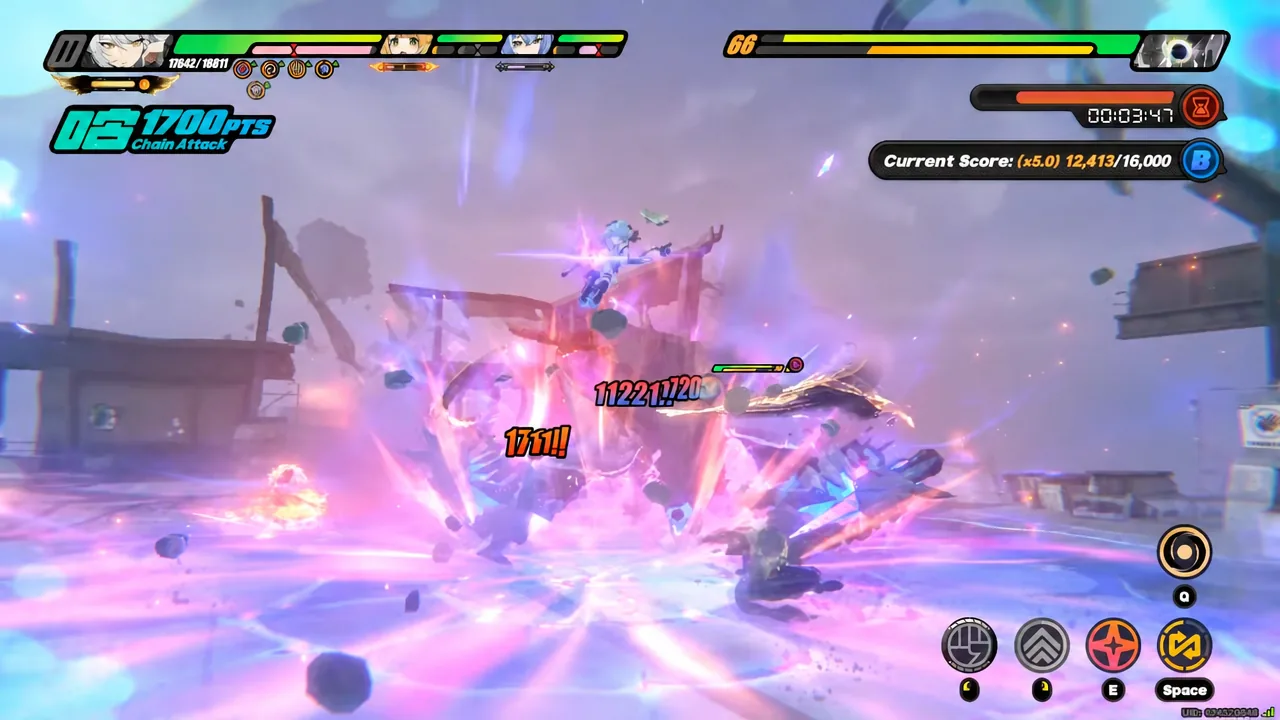 Chain Attack counter and battle HUD on screen as a squad hits an airborne boss in Shiyu Defense