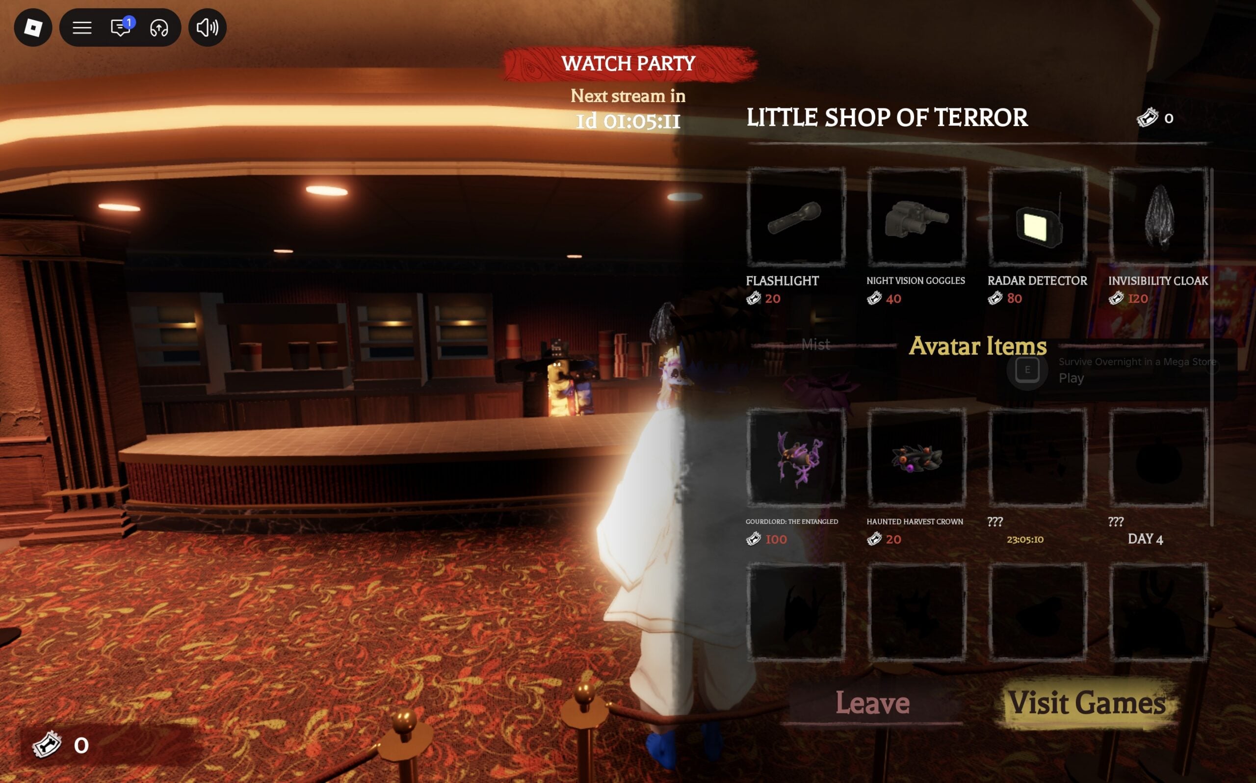 LITTLE SHOP OF TERROR panel in The Hollow with the Visit Games button at the bottom right