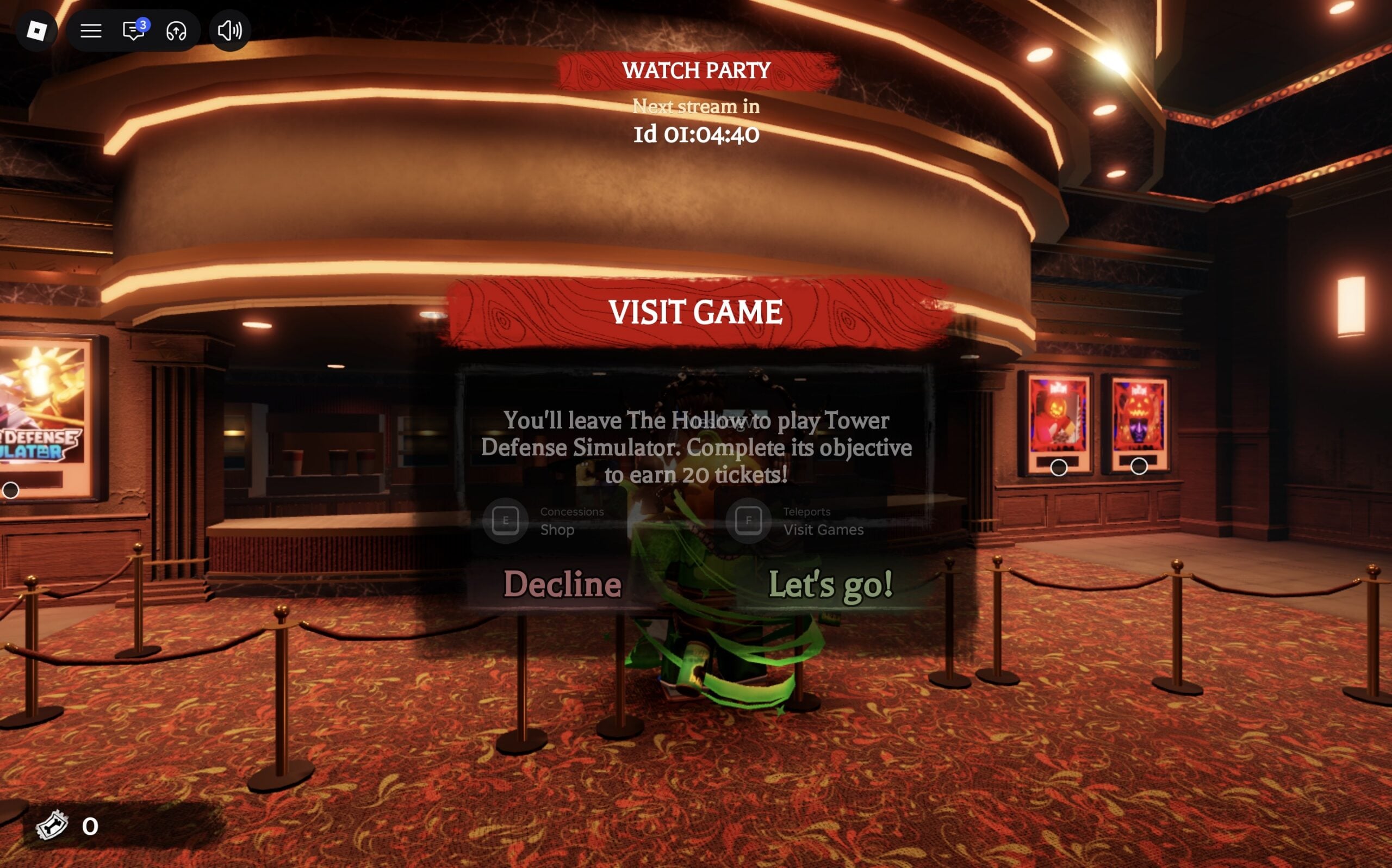 VISIT GAME pop-up for Tower Defense Simulator promising 20 tickets, with Decline and Let's go! buttons