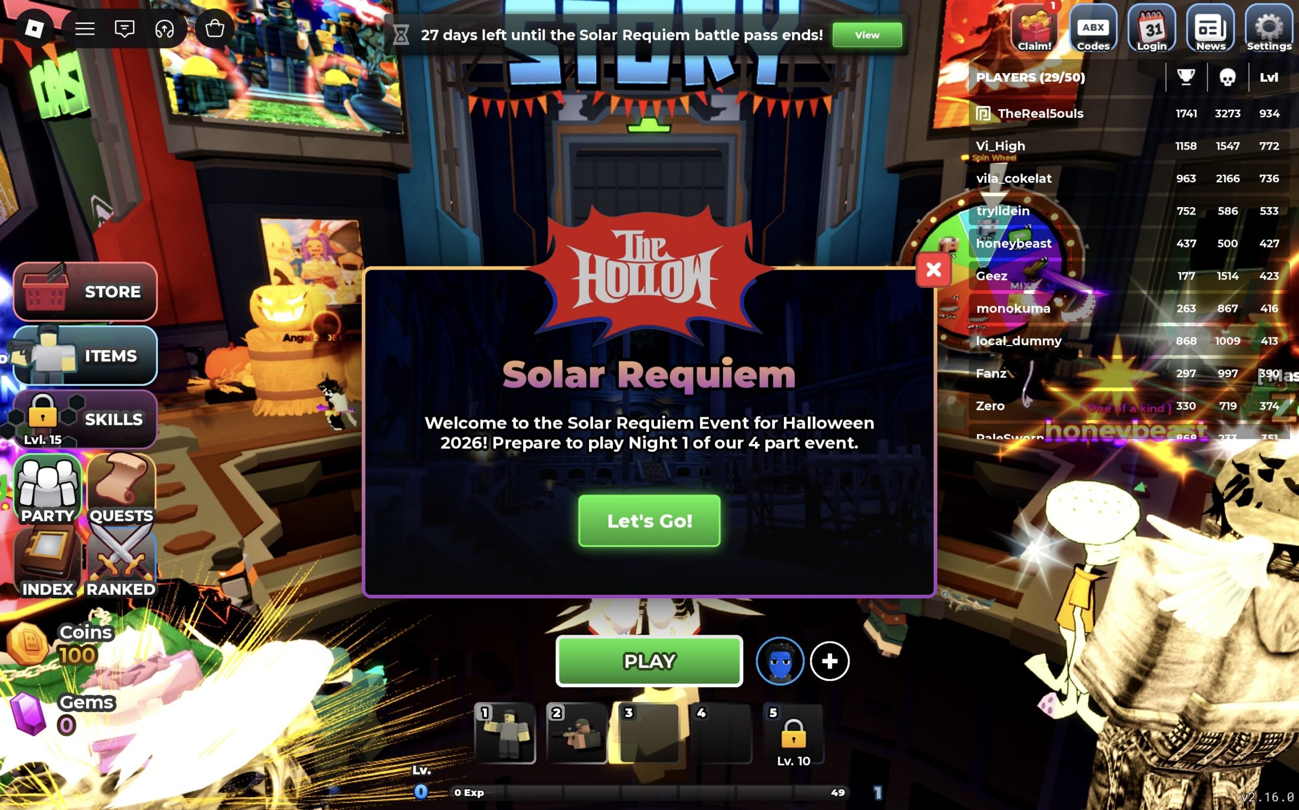 Solar Requiem welcome pop-up with The Hollow logo in the Tower Defense Simulator lobby