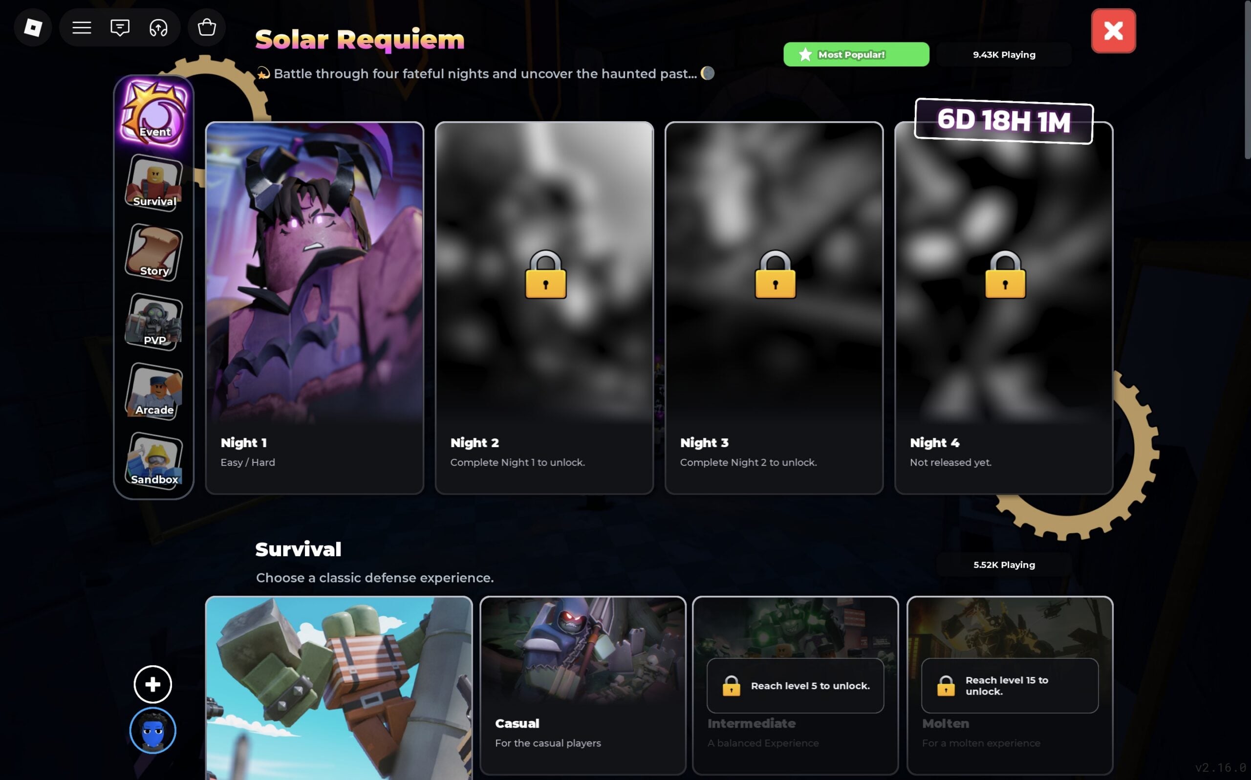 Solar Requiem night select with Night 1 open, Nights 2 and 3 locked and Night 4 on a timer