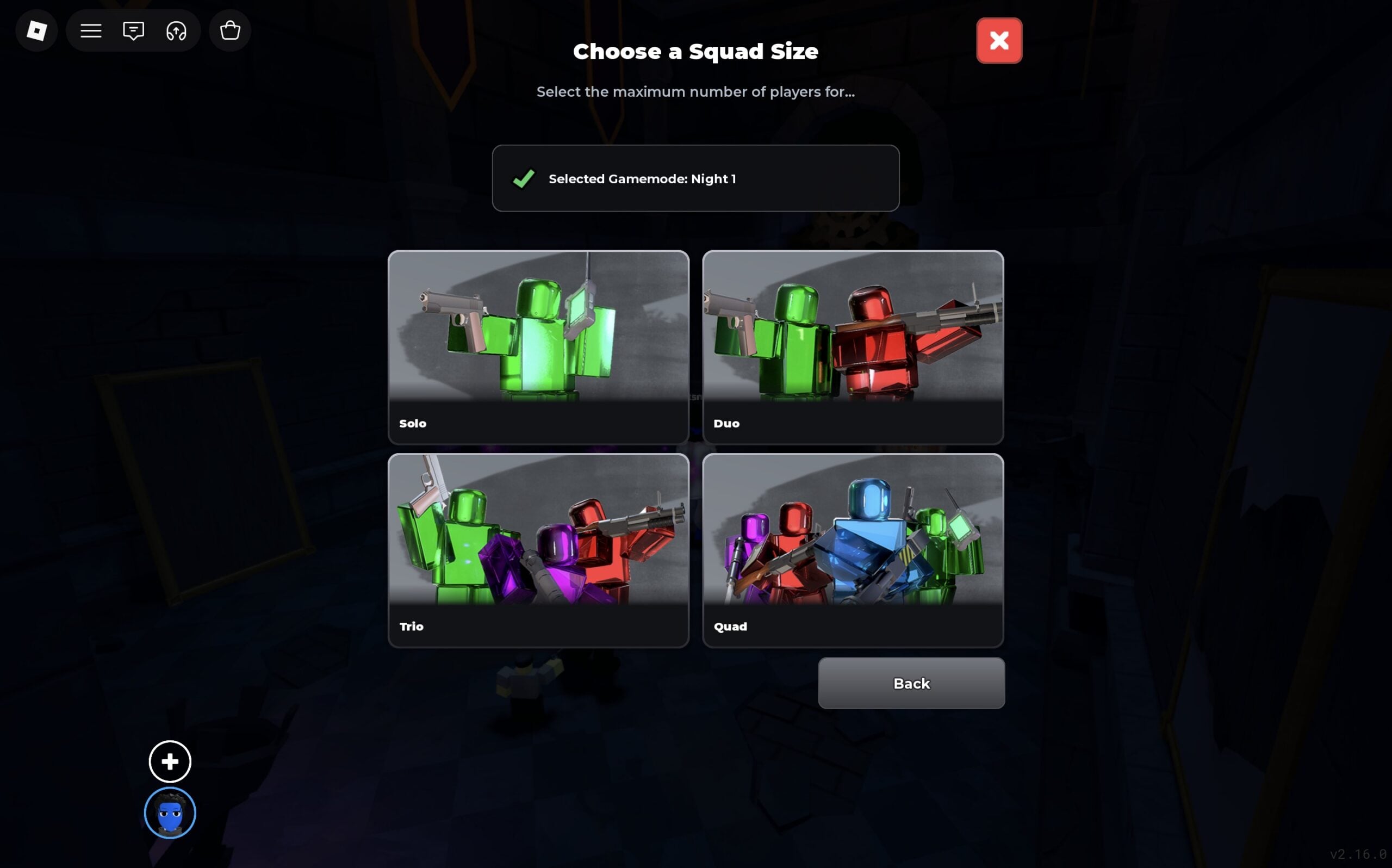 Choose a Squad Size screen with Solo, Duo, Trio and Quad