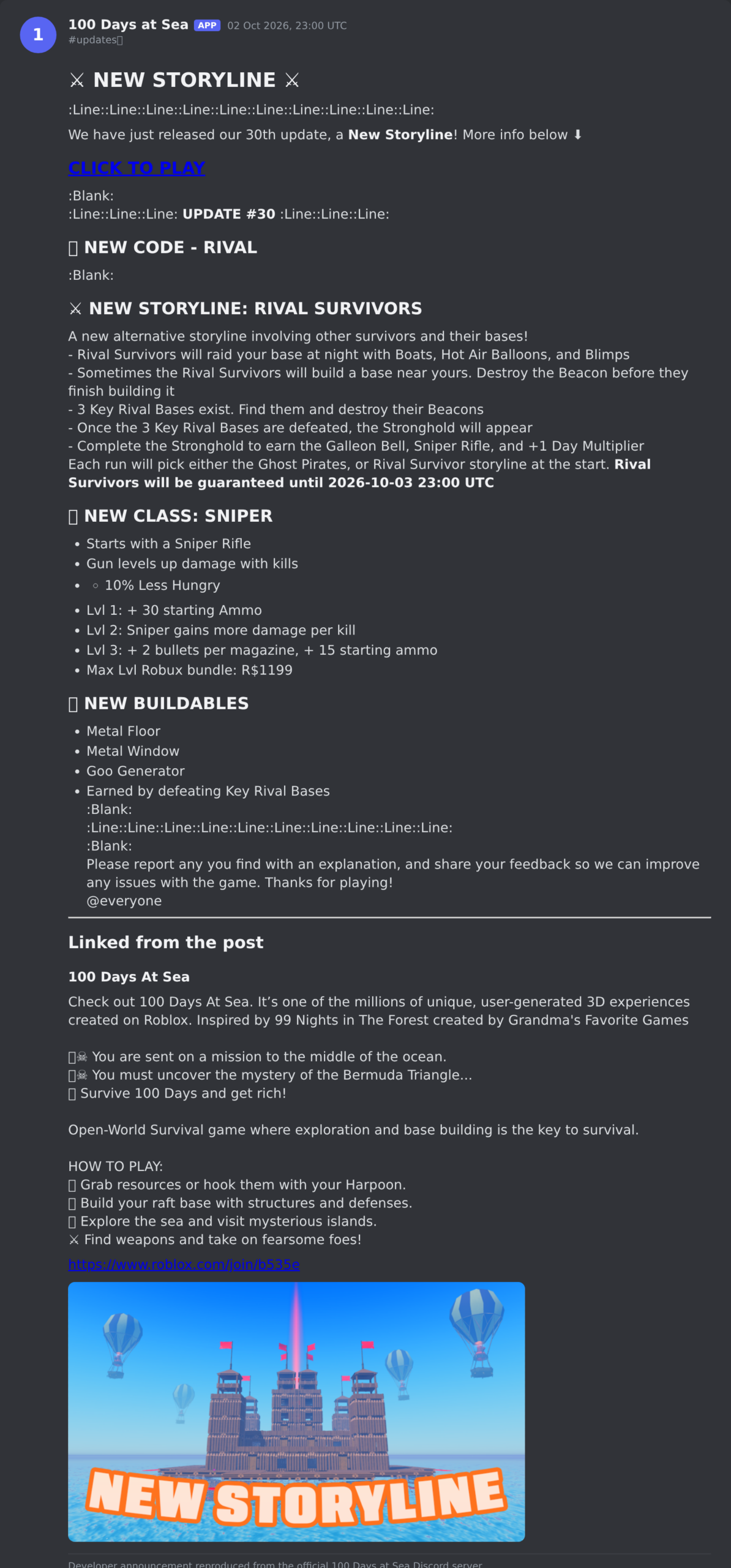 The 100 Days at Sea update post in the game's Discord server