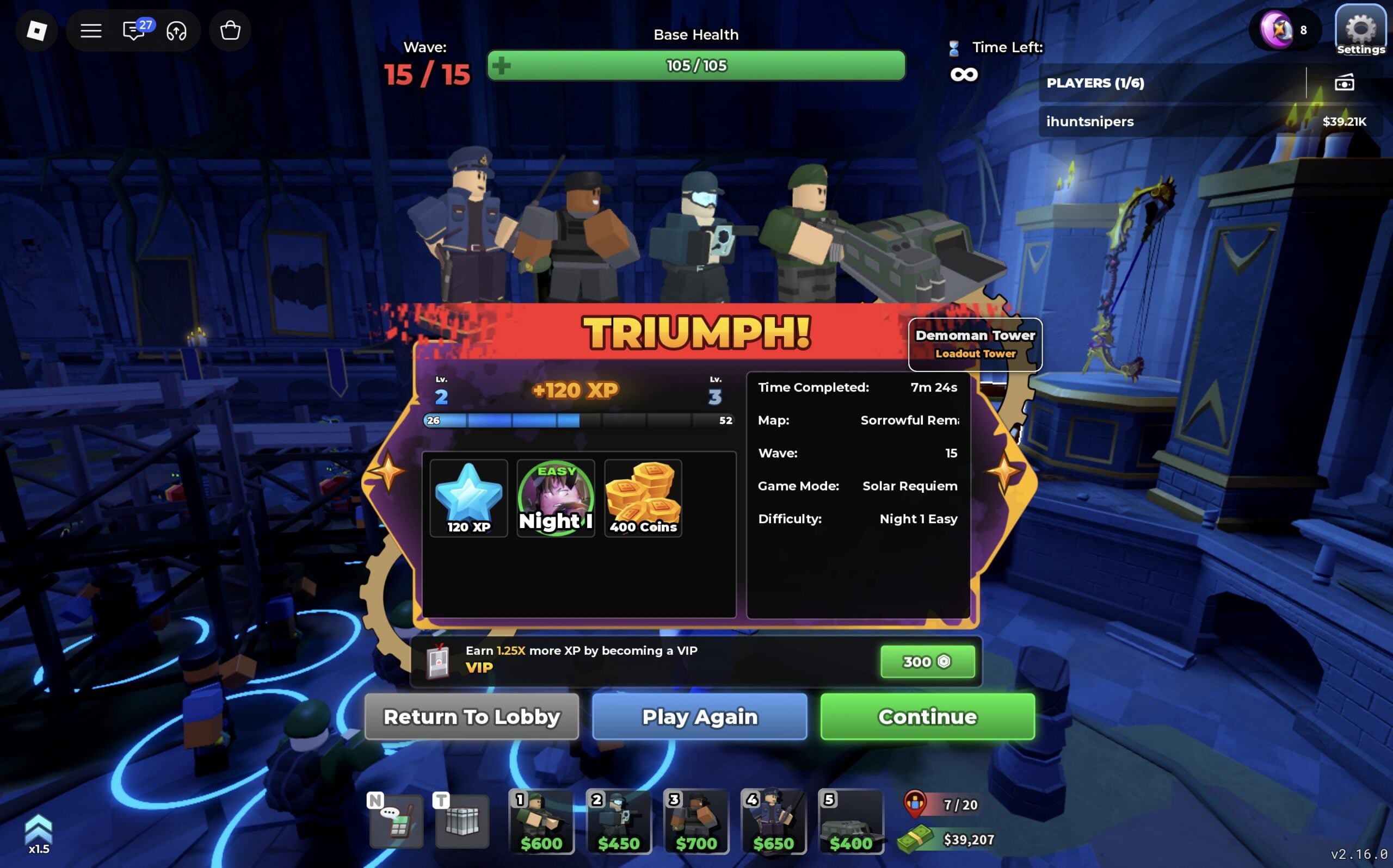 TRIUMPH! result screen after Solar Requiem Night 1 on Easy