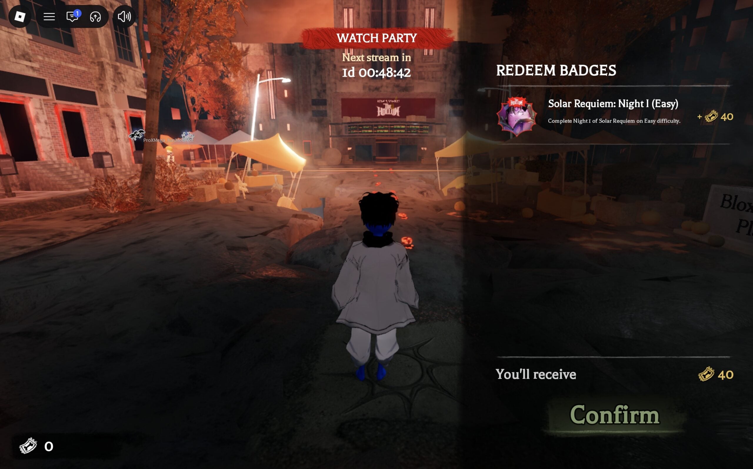 REDEEM BADGES panel in The Hollow: Solar Requiem: Night I (Easy), plus 40 tickets, Confirm