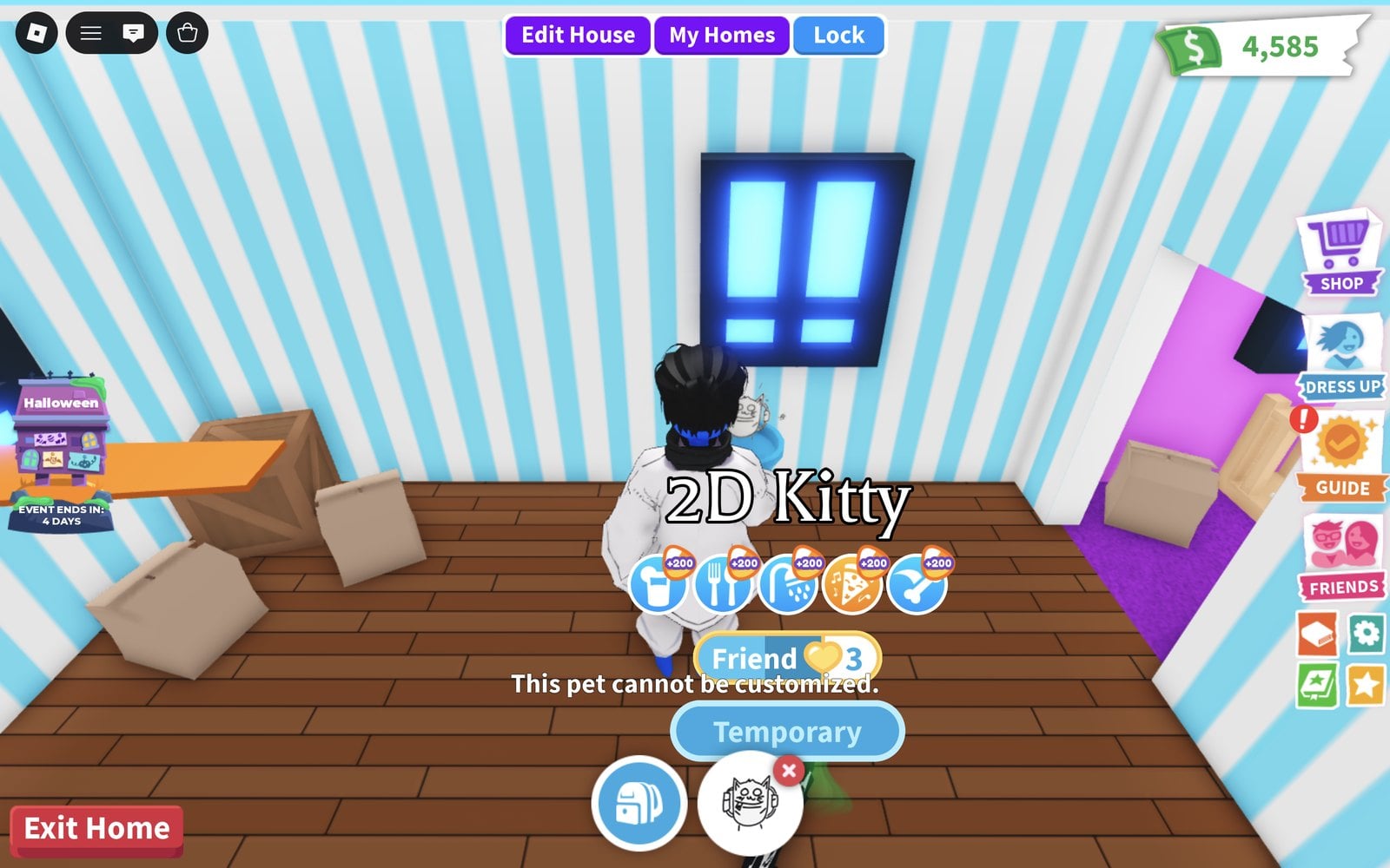 Adopt Me message This pet cannot be customized. under the Temporary 2D Kitty