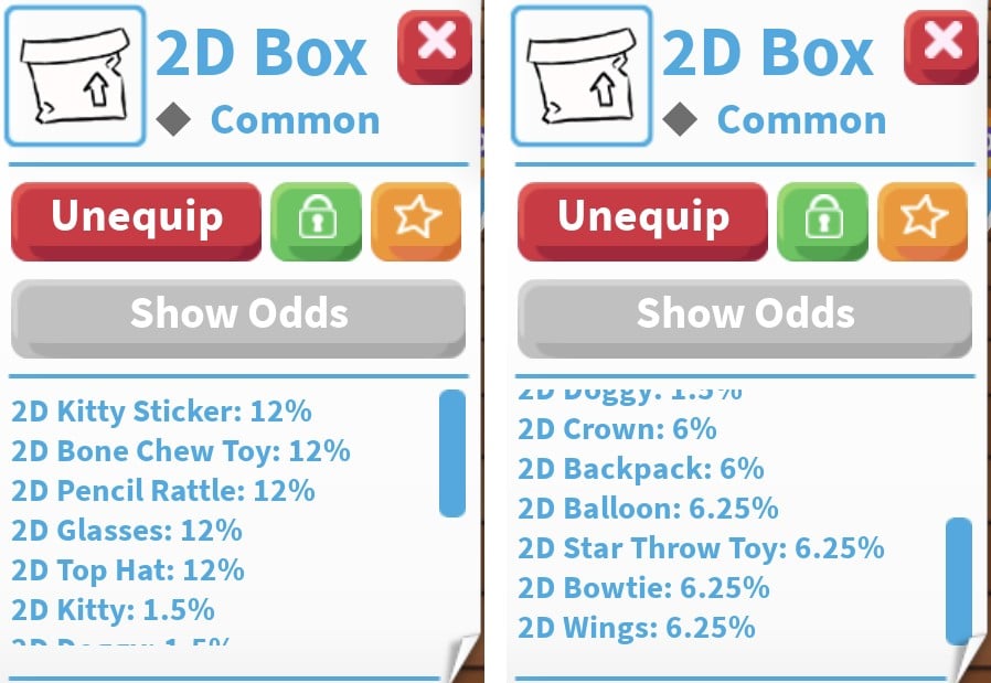 The Adopt Me 2D Box card, Common, with its Show Odds list from 2D Kitty Sticker 12% to 2D Wings 6.25%