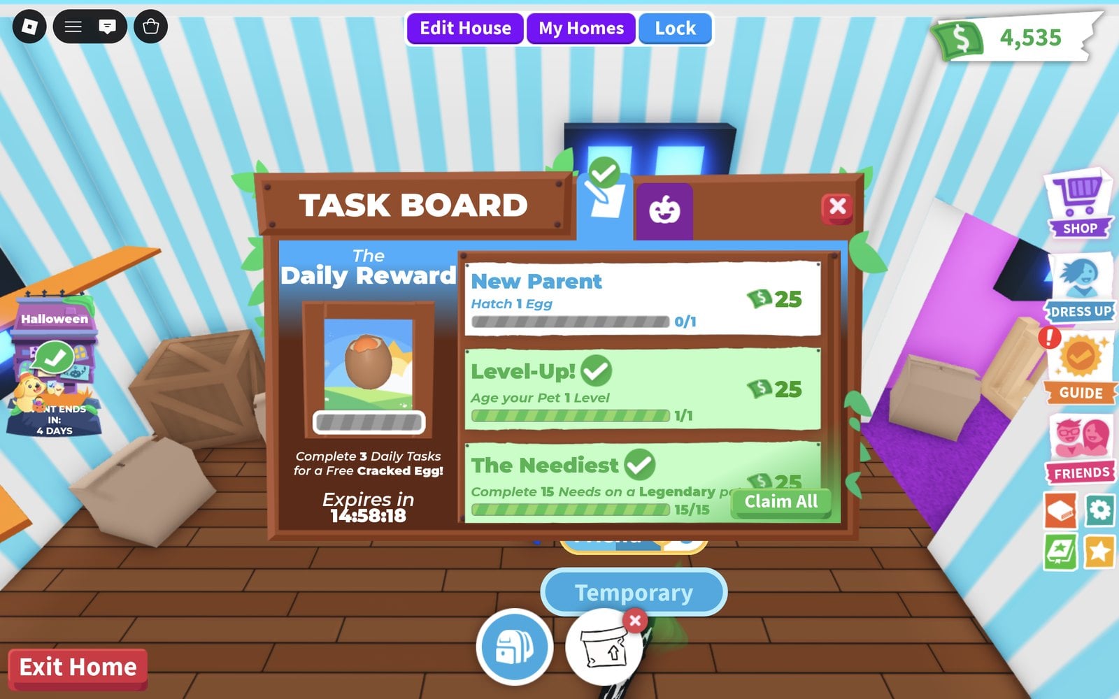Adopt Me TASK BOARD showing only the daily and Halloween tabs after claiming, with the 2D Box on the hotbar