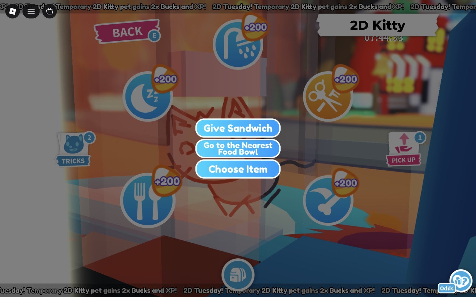 Hungry need options on the 2D Kitty: Give Sandwich, Go to the Nearest Food Bowl and Choose Item