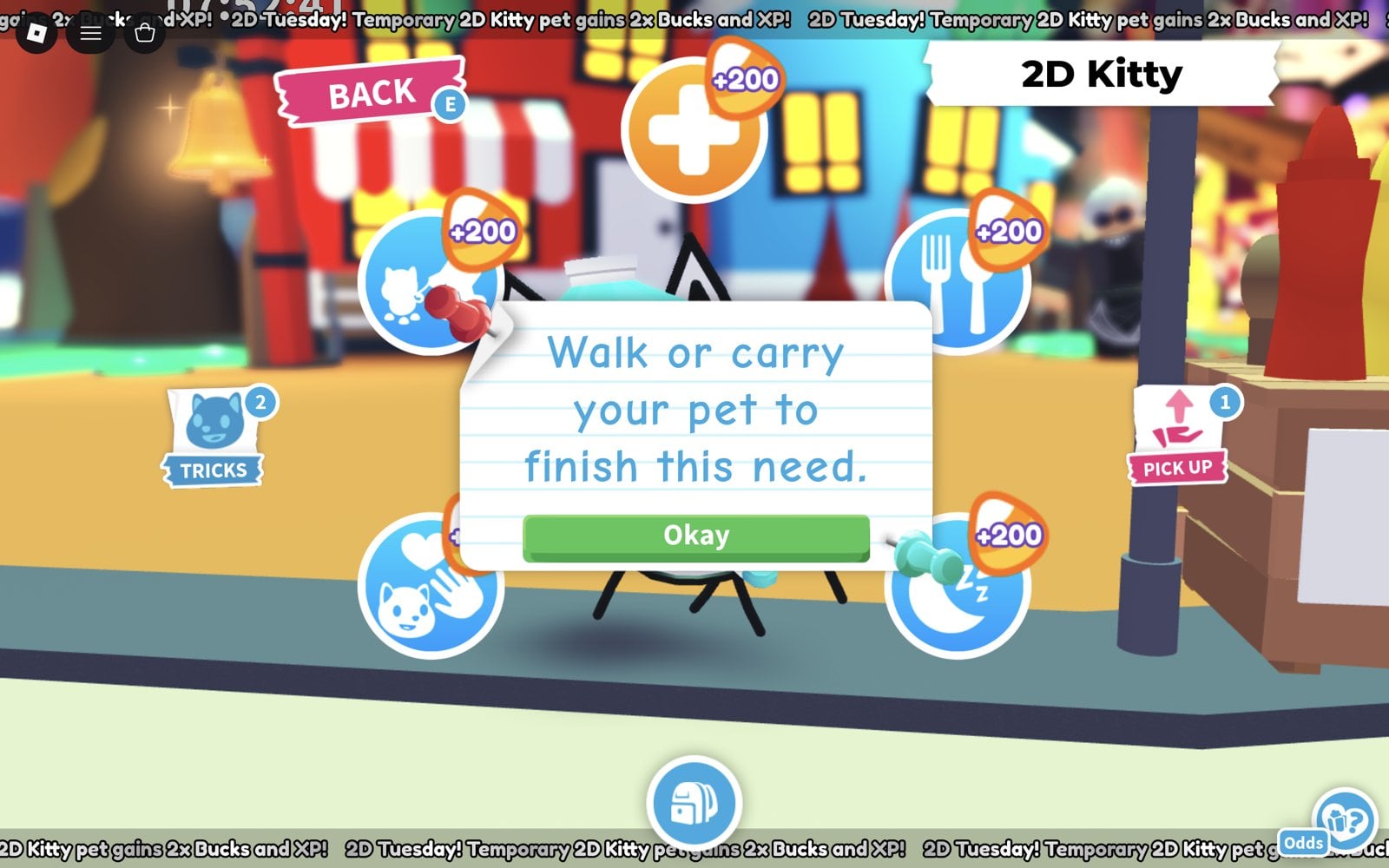 The 2D Kitty's need ring in Adopt Me, every need icon carrying an orange +200 Candy Corn badge, with the walk card Walk or carry your pet to finish this need and the BACK, TRICKS and PICK UP buttons