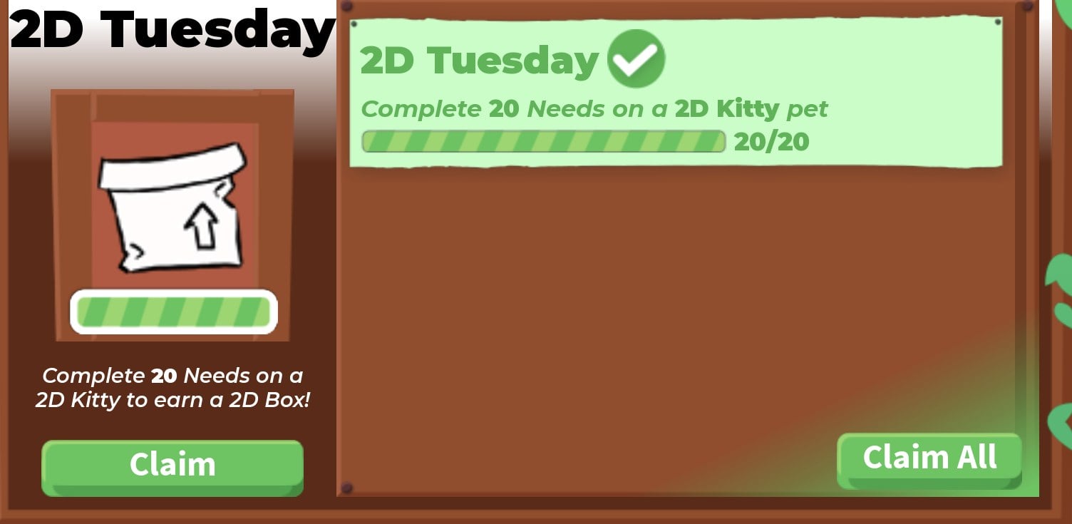 Adopt Me TASK BOARD 2D Tuesday tab at 20/20 with a green tick, the Claim button under the 2D Box picture and Claim All
