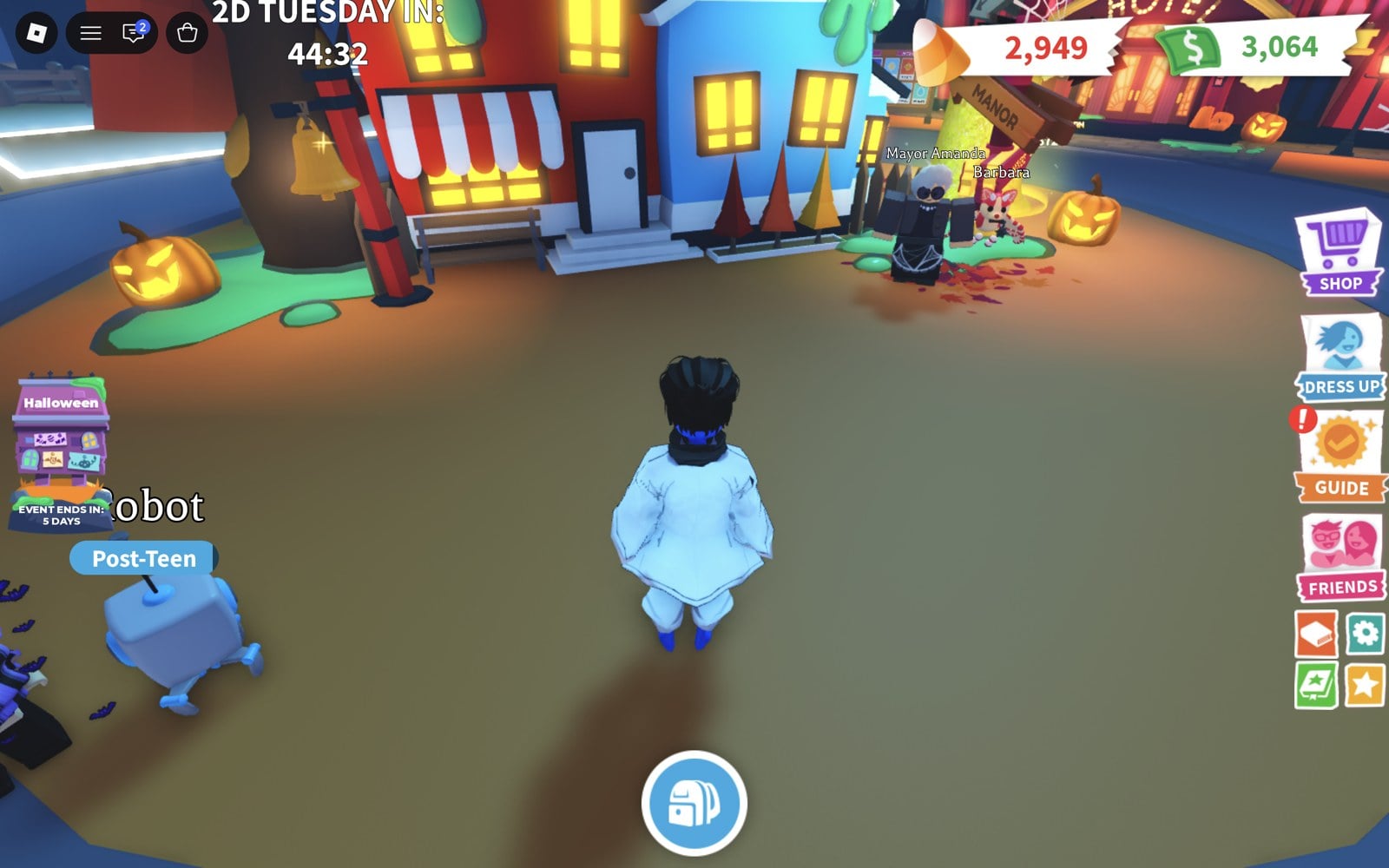 Adopt Me spawn plaza before 2D Tuesday with the countdown 2D TUESDAY IN: 44:32 at the top left of the screen