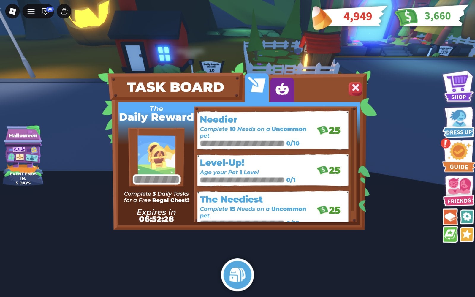 TASK BOARD after the 2D Tuesday slot ended, showing only the daily and Halloween tabs and no 2D Tuesday cat tab