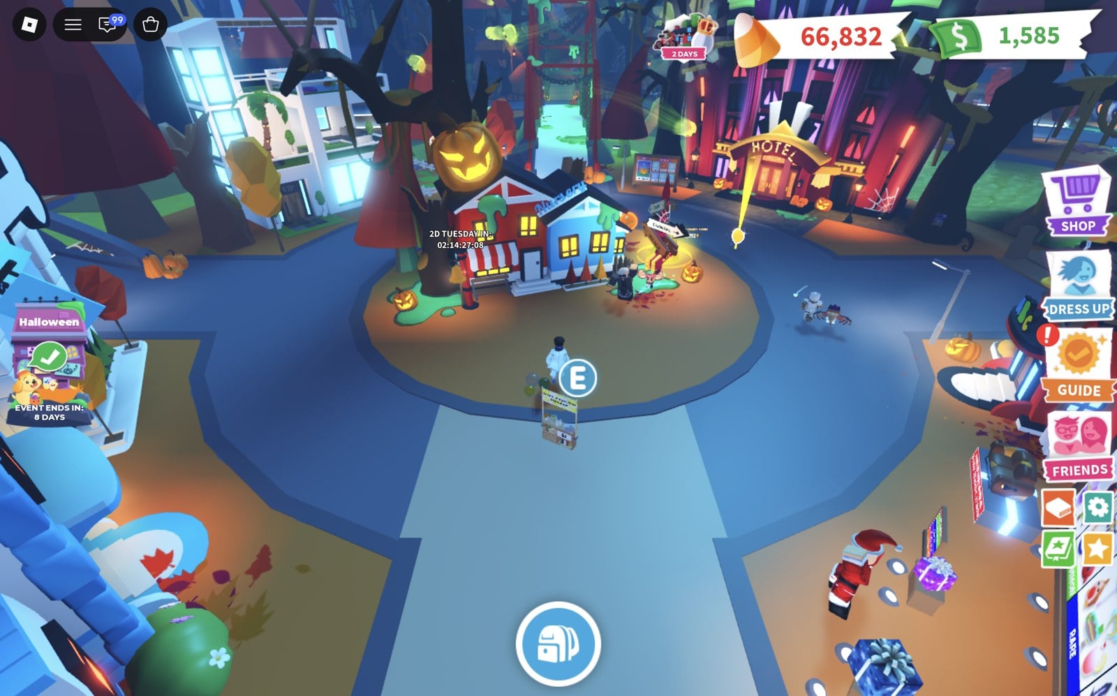 Adopt Me spawn plaza after the Admin Abuse ended, crowd gone, Candy Corn counter at 66,832
