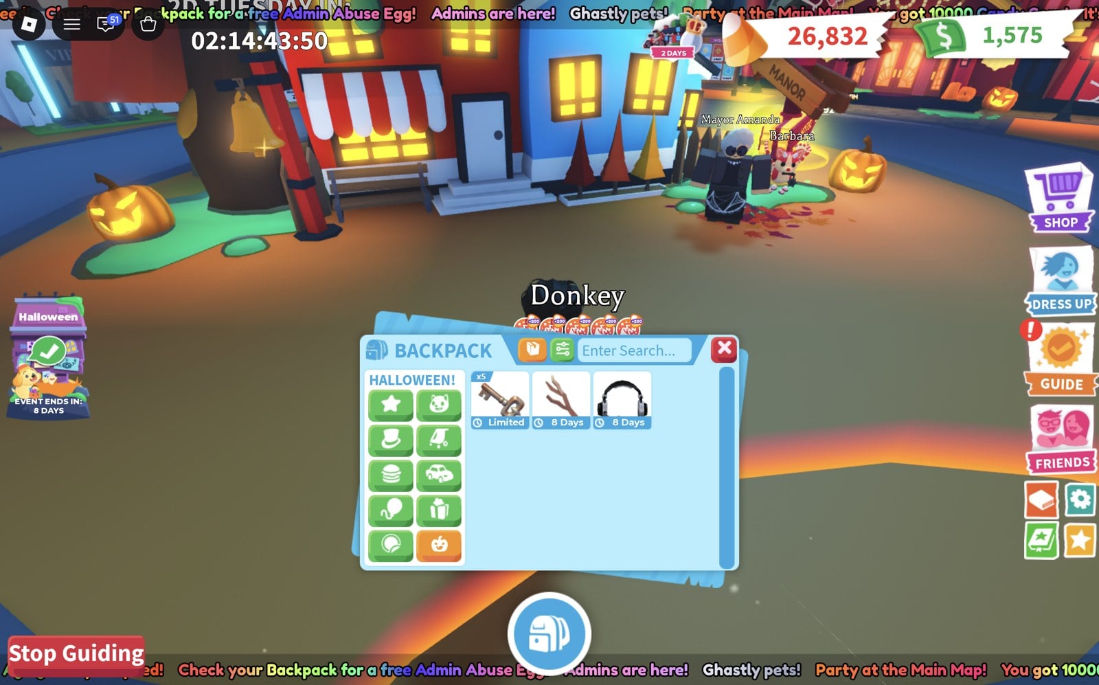Adopt Me backpack Halloween tab with Crypt Key x5 during the Admin Abuse, ticker running along the top