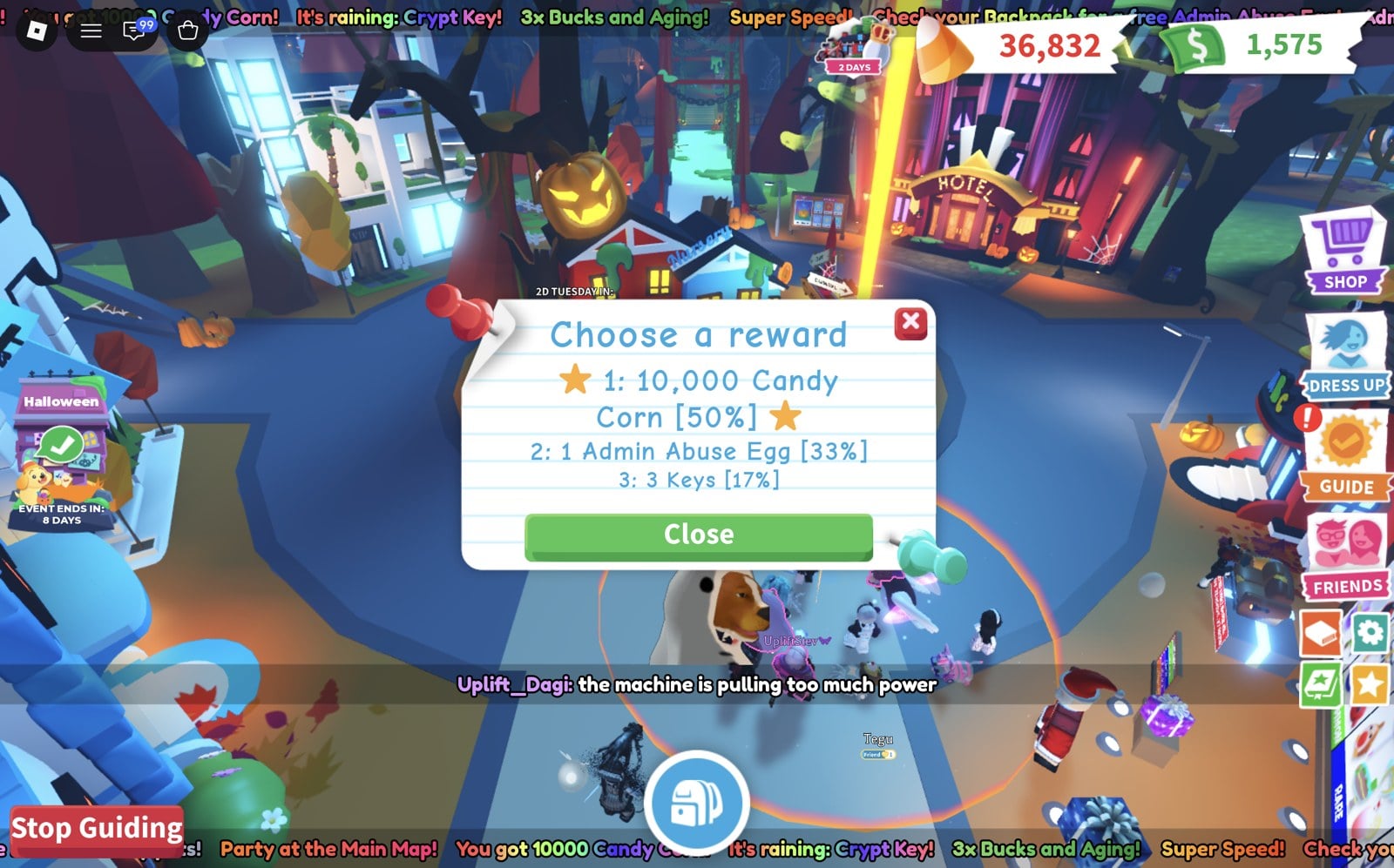 Adopt Me Choose a reward poll result: 1: 10,000 Candy Corn 50%, 2: 1 Admin Abuse Egg 33%, 3: 3 Keys 17%