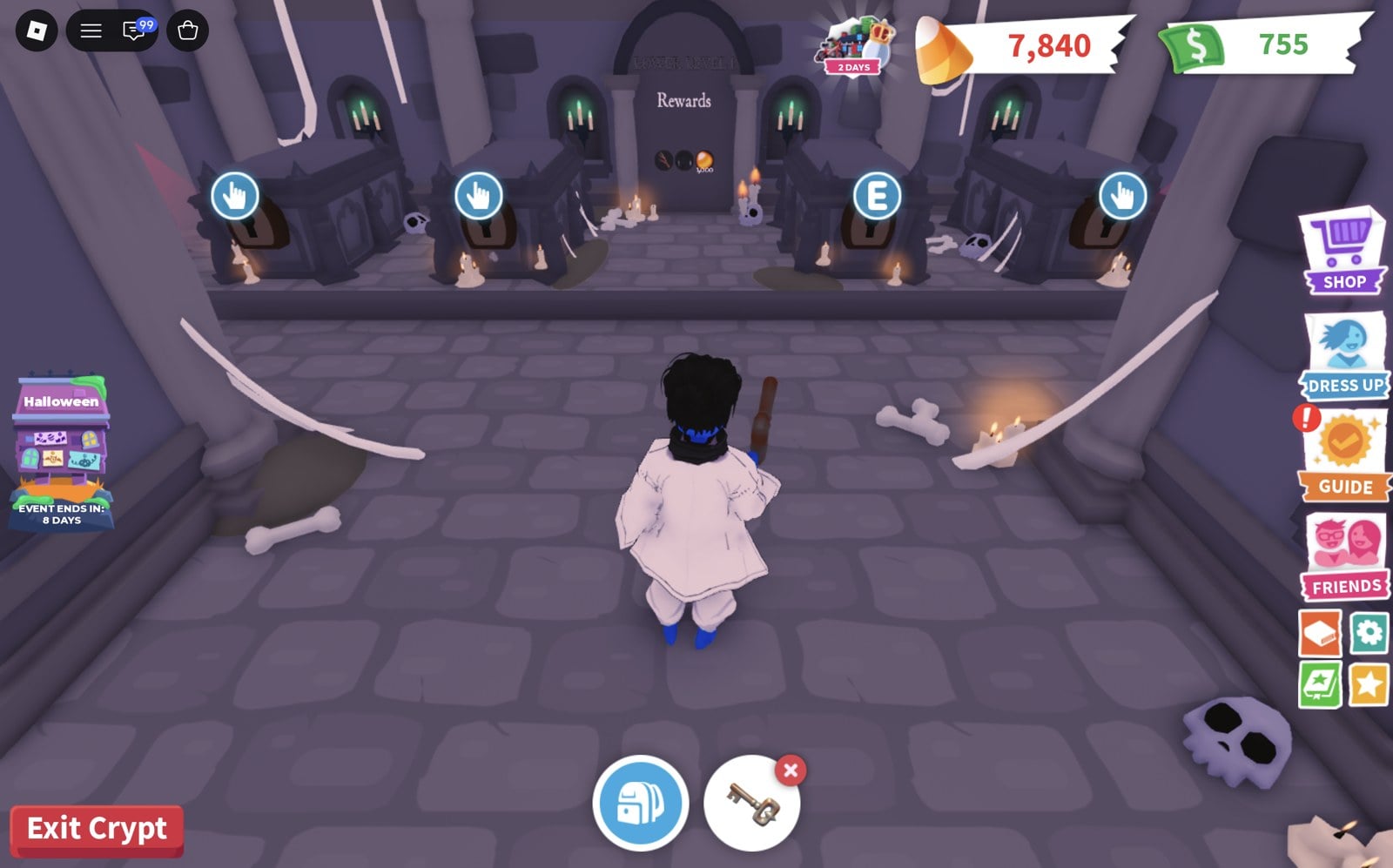 Inside the Adopt Me Crypt: an aisle with four stone coffins with E prompts and an Exit Crypt button at the bottom left