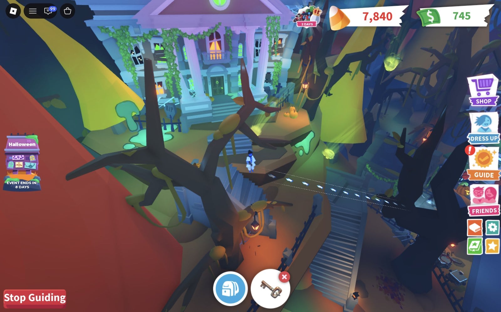 Guide arrows on the ground leading from the Adopt Me Manor down the stairs, with the Crypt Key in the hotbar and a Stop Guiding button