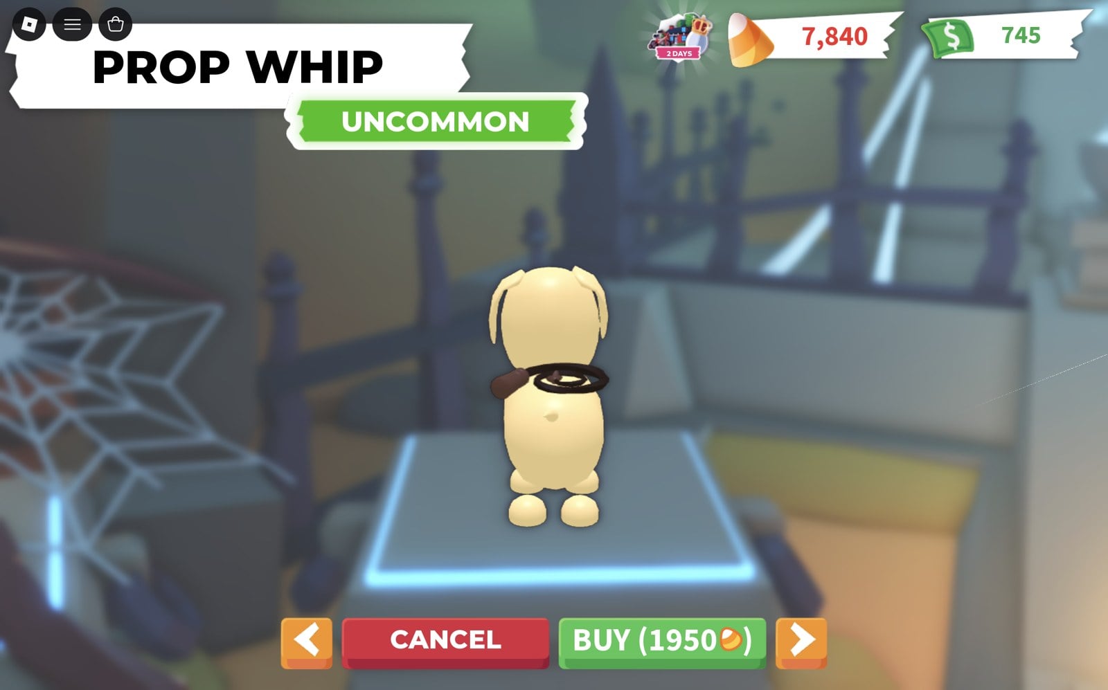 Prop Whip Uncommon purchase screen with a BUY 1950 Candy Corn button in Adopt Me