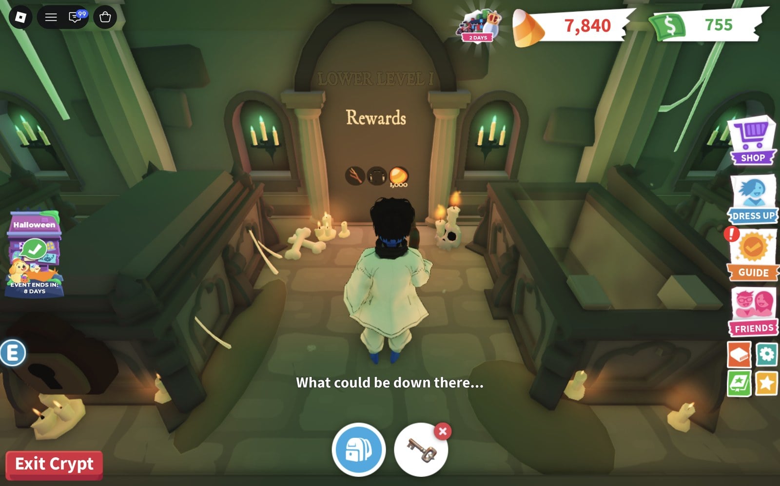 Opened coffin in the Adopt Me Crypt under the LOWER LEVEL I sign with the message What could be down there... and a green tick on the Halloween widget