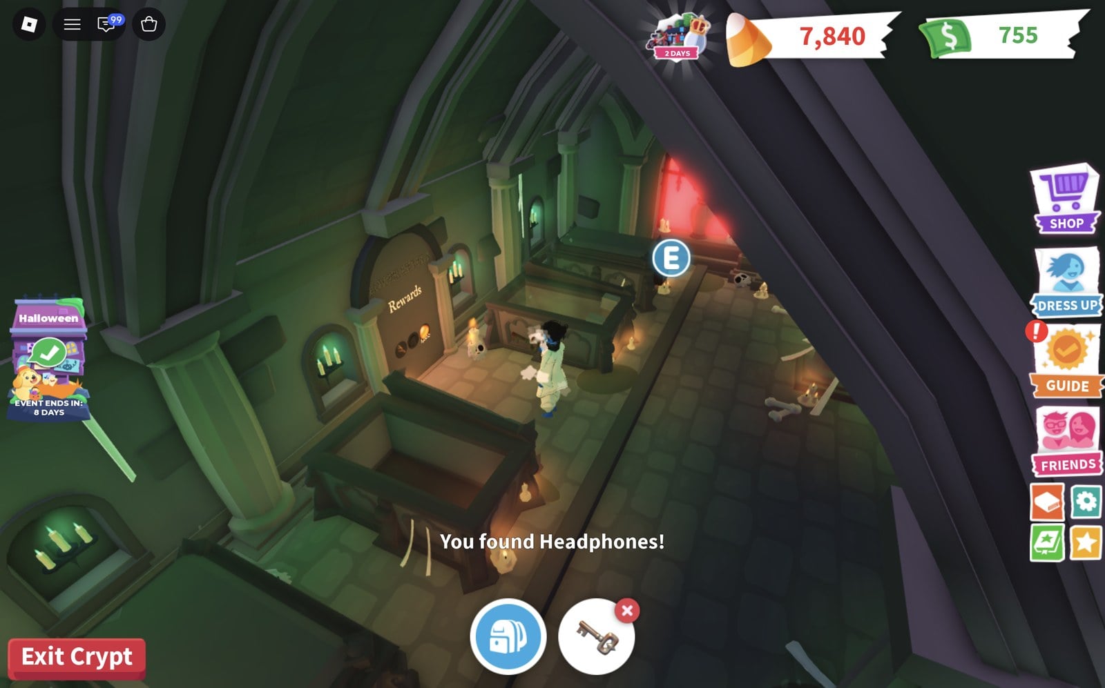 Adopt Me Crypt coffin with the message You found Headphones!