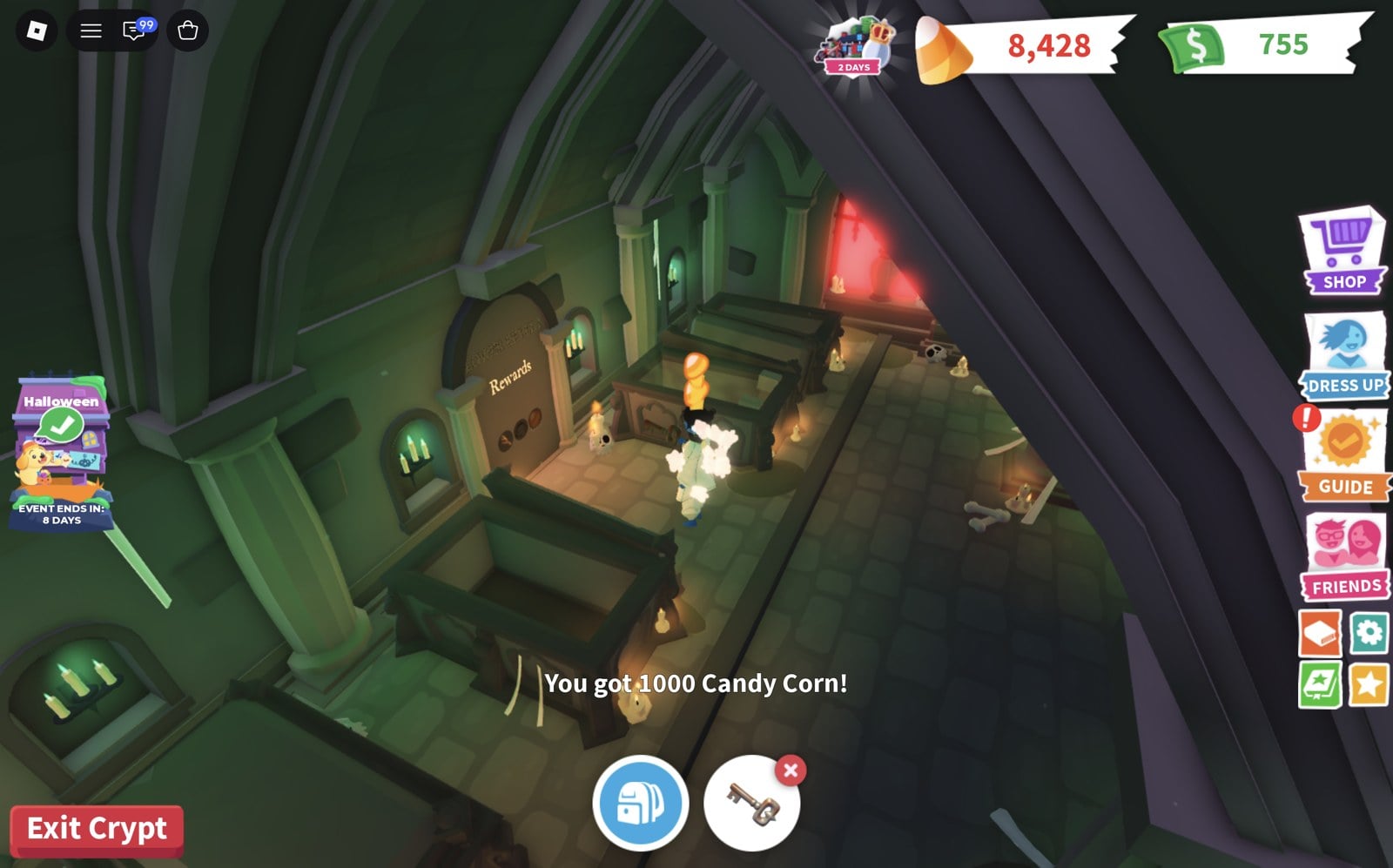 Adopt Me Crypt coffin with the message You got 1000 Candy Corn! while the Candy Corn counter counts up