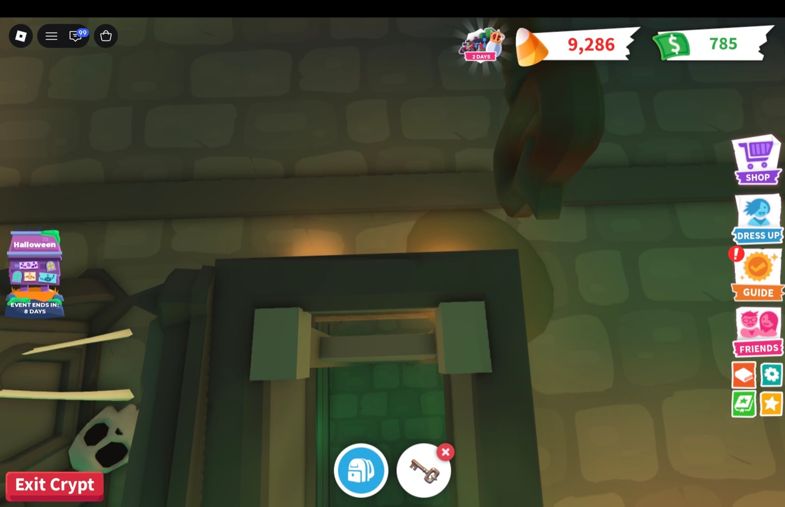 Looking down into the opened What could be down there coffin in the Adopt Me Crypt, with a ladder going down inside it and the Exit Crypt button at the bottom left