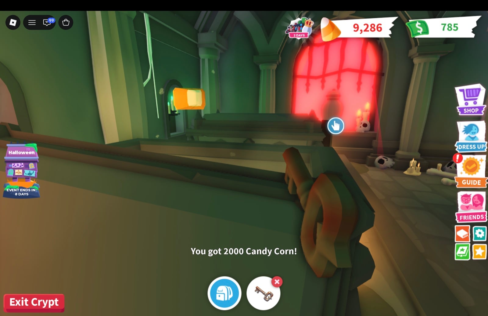 Adopt Me Crypt Lower Level II coffin by the red glowing window with the message You got 2000 Candy Corn!