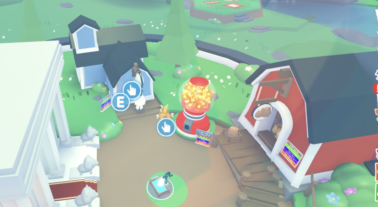 The Nursery garden with the red gumball machine full of golden eggs between Holly's blue stall and Doug's red barn stall