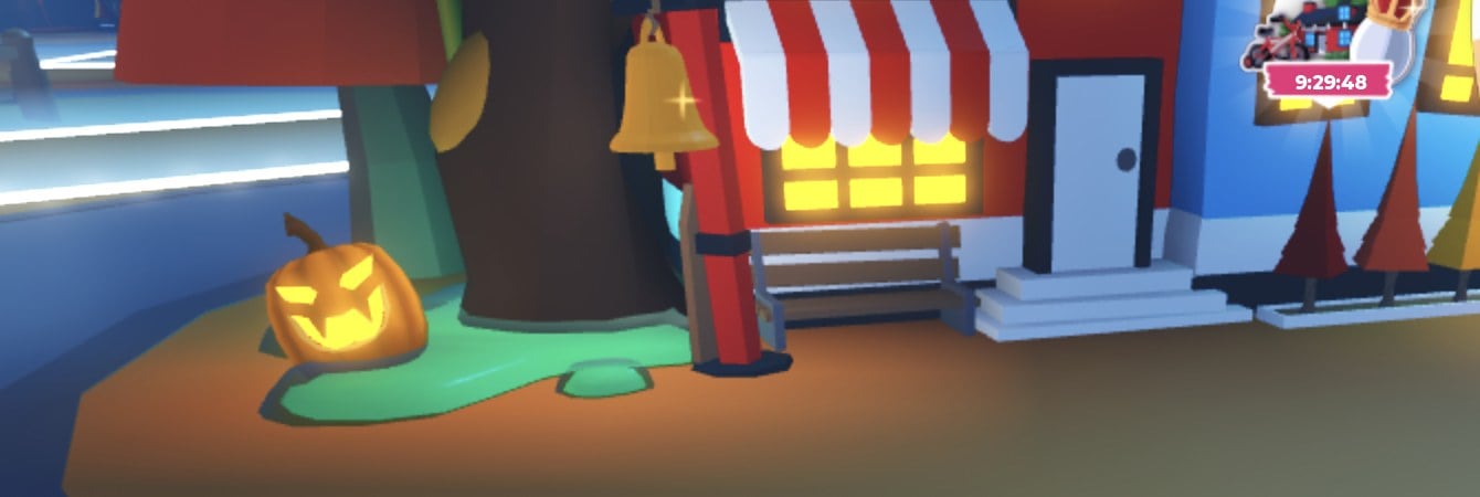 The Adopt Me Nursery at the spawn plaza: a red building with a red and white striped awning, a bench under it and a white door