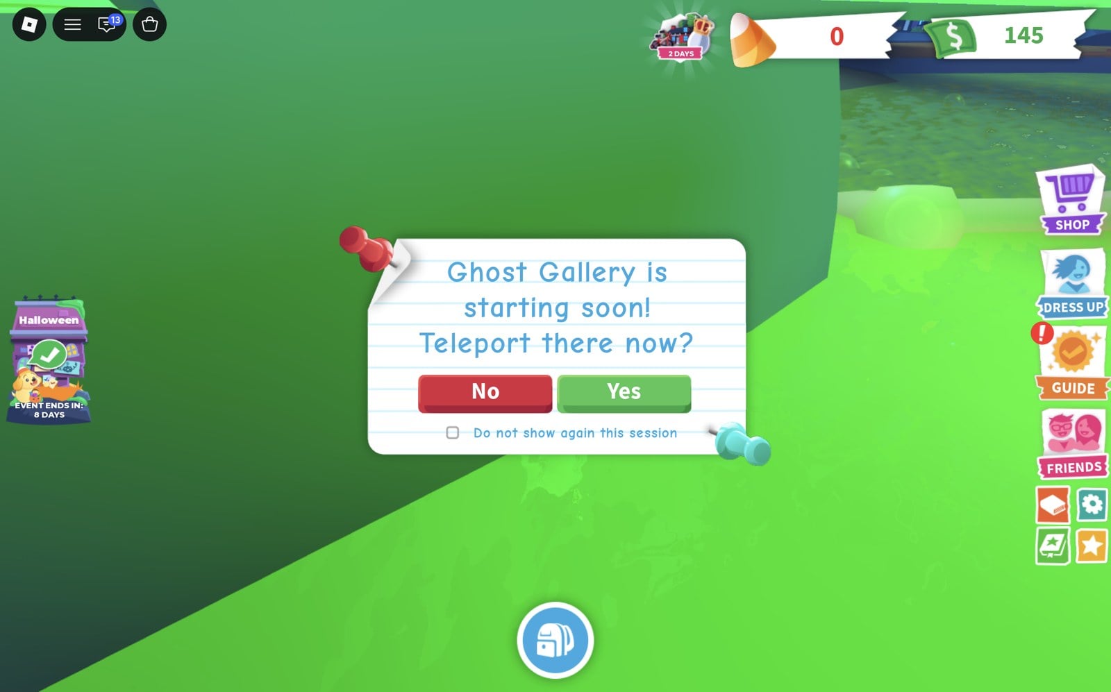 Ghost Gallery is starting soon! Teleport there now? pop-up with No and Yes buttons in Adopt Me